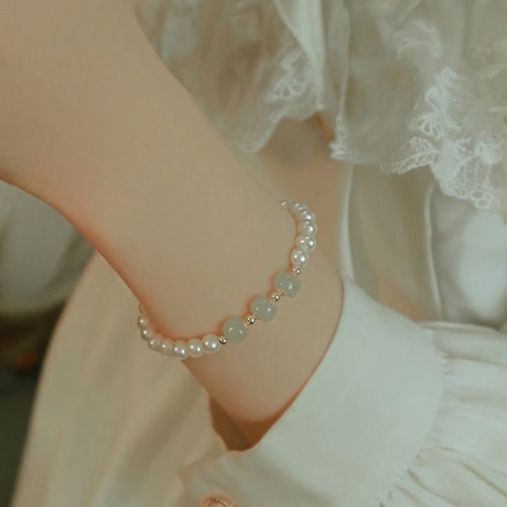 Pulsera de cadena de cuentas de sinceridad de jade blanco de jade cian hetiano de perlas naturales chapadas en oro de 14 quilates