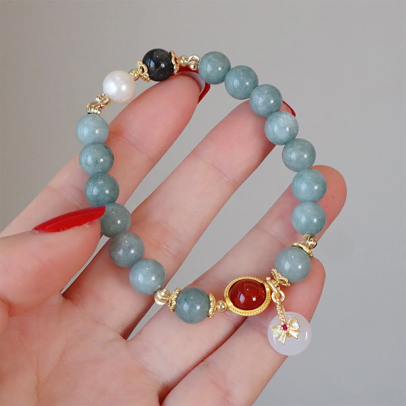 Pulsera de la suerte con pajarita y perlas de ágata roja, jade natural , Buddha Stones