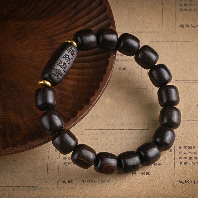Pulsera de equilibrio de la suerte y el tesoro, cuentas de barril de madera de ébano tibetano, Buddha Stones