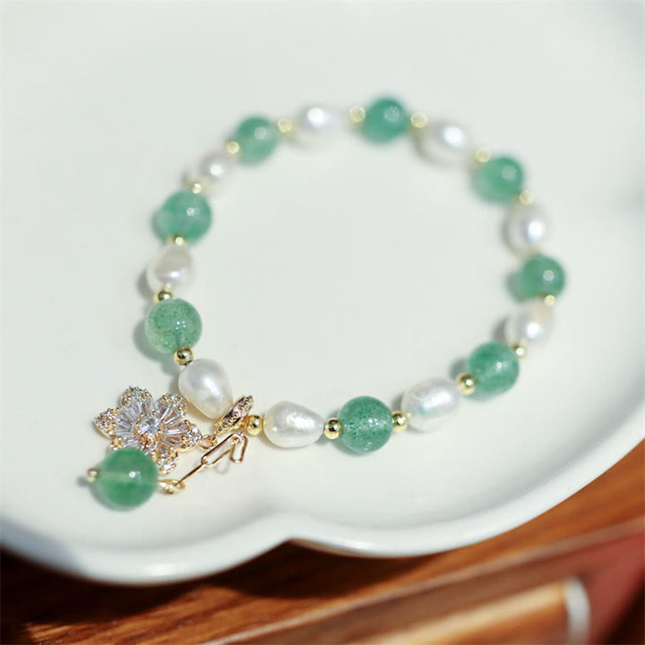 Pulsera de amor con dije de flor de perla de cuarzo fresa verde Natural con Buddha Stones