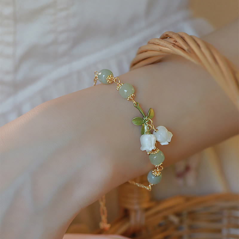 Pulsera de cadena de prosperidad de lirio de los valles con cuentas de jade verde y Buddha Stones