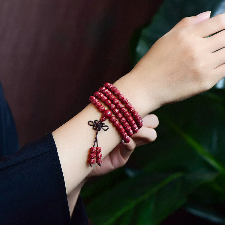 Buddha Stones 108 cuentas Mala cinabrio Om Mani Padme Hum patrón grabado pulsera de bendición