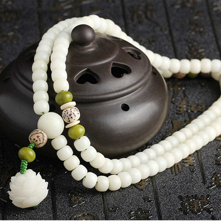 Buddha Stones Jade Blanco Bodhi Lotus Mala Armonía Collar Pulsera