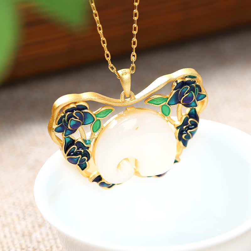 Colgante de cadena de collar de éxito de loto de mariposa de elefante de jade blanco