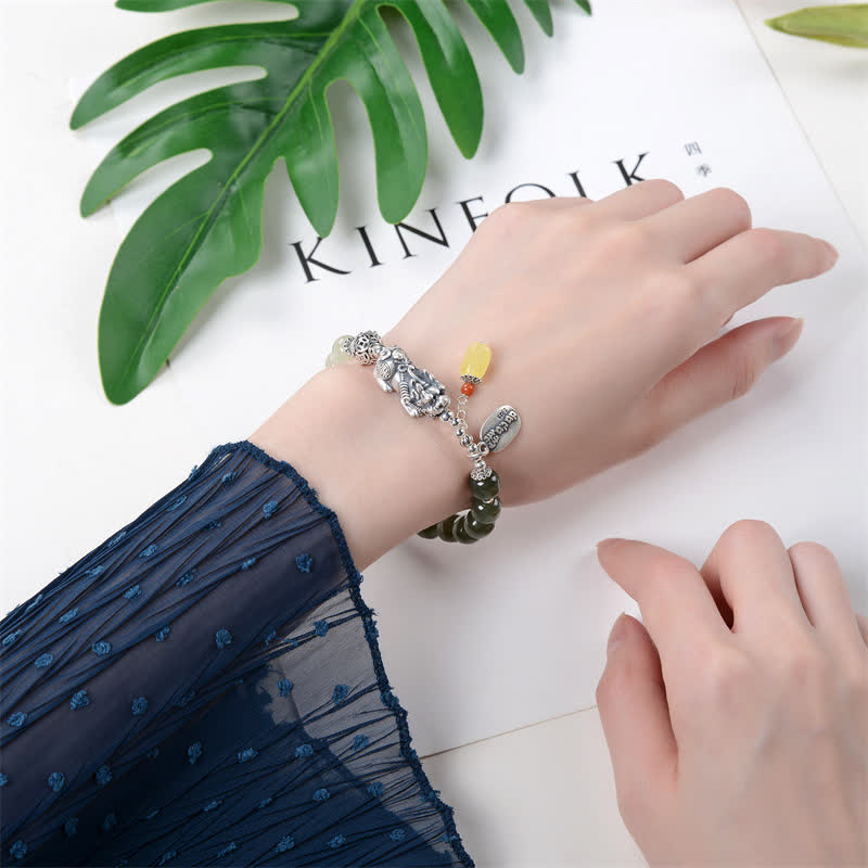 Pulsera de la suerte PiXiu de ámbar y jade hetiano natural de plata de ley 925