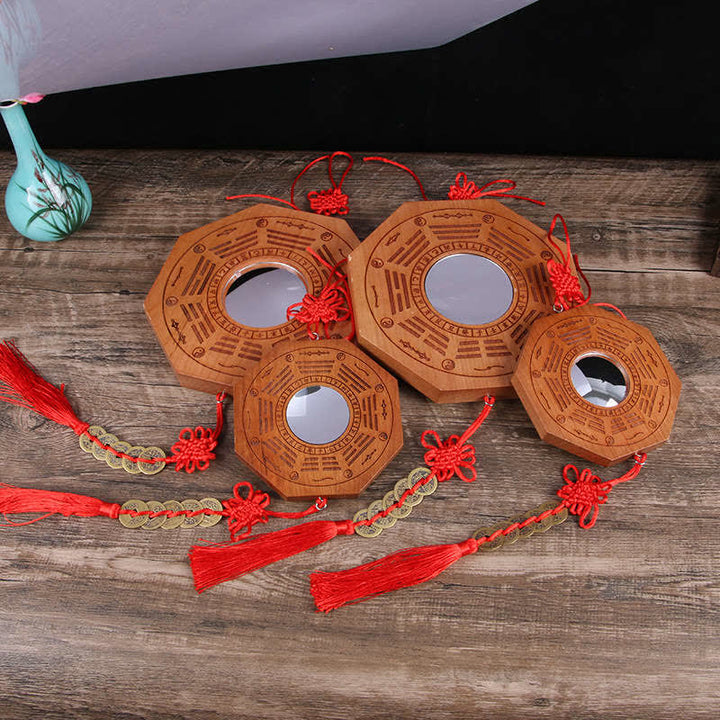 Feng Shui Bagua Mapa Madera de Durazno Monedas de Cinco Emperadores Equilibrio de Nudos Chinos Espejo de Mapa de Energía
