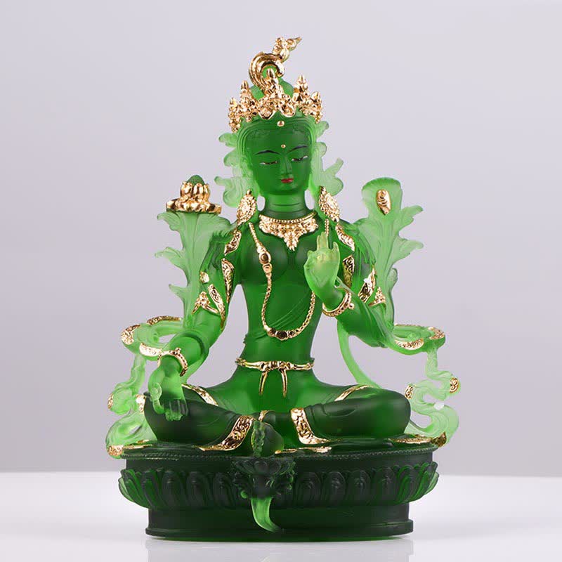 Bodhisattva Tara Verde hecho a mano Liuli Crystal Art Piece Protección Hogar Oficina Estatua Decoración