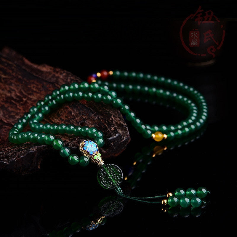 Pulsera de soporte de poder de ágata verde natural de 108 cuentas Mala