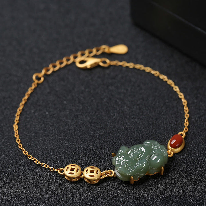 Pulsera de cadena de éxito de ágata roja con moneda de cobre PiXiu de jade cian