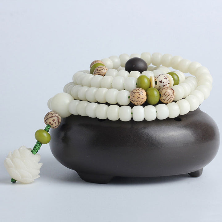 Buddha Stones Jade Blanco Bodhi Lotus Mala Armonía Collar Pulsera