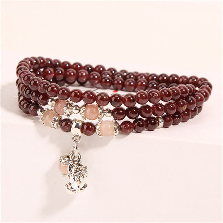 Pulsera de triple envoltura con Buddha Stones, granate natural, fresa, cuarzo, judías verdes, protección PiXiu