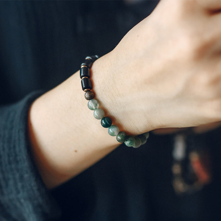 Pulsera de pareja de paz con Buddha Stones, madera de ébano, jaspe rojo, ágata de musgo, cristal, cobre