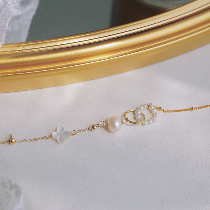 Pulsera de cadena curativa con doble hebilla de paz y perlas chapadas en oro de 14 quilates con Buddha Stones