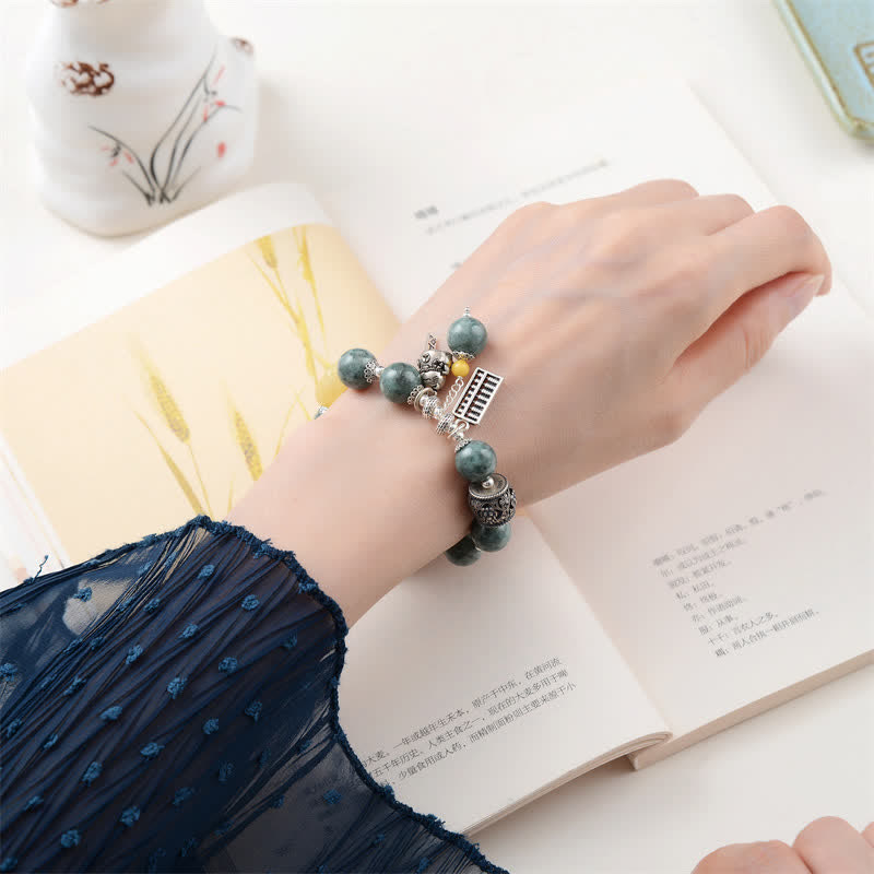 Pulsera de éxito de gato de la suerte con ábaco ámbar, jade cian y plata de ley 925 - image 3