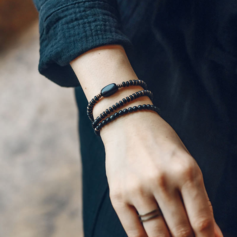 Pulsera de triple envoltura curativa de cobre y madera de ébano, obsidiana arcoíris con Buddha Stones