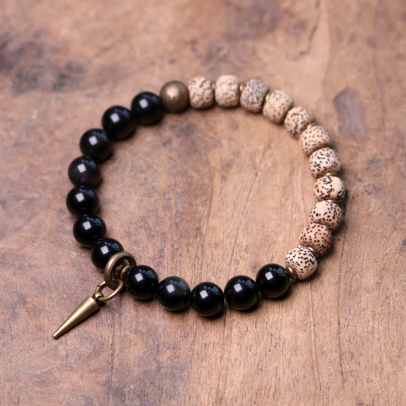 Pulsera de paz de cobre y madera de ébano, obsidiana negra, semilla de Bodhi tibetana, Buddha Stones