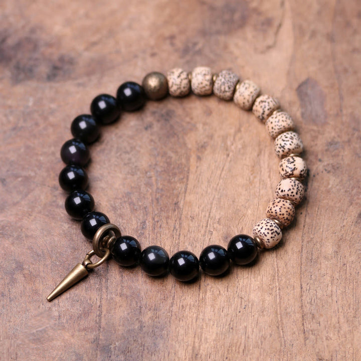 Pulsera de paz de cobre y madera de ébano, obsidiana negra, semilla de Bodhi tibetana, Buddha Stones