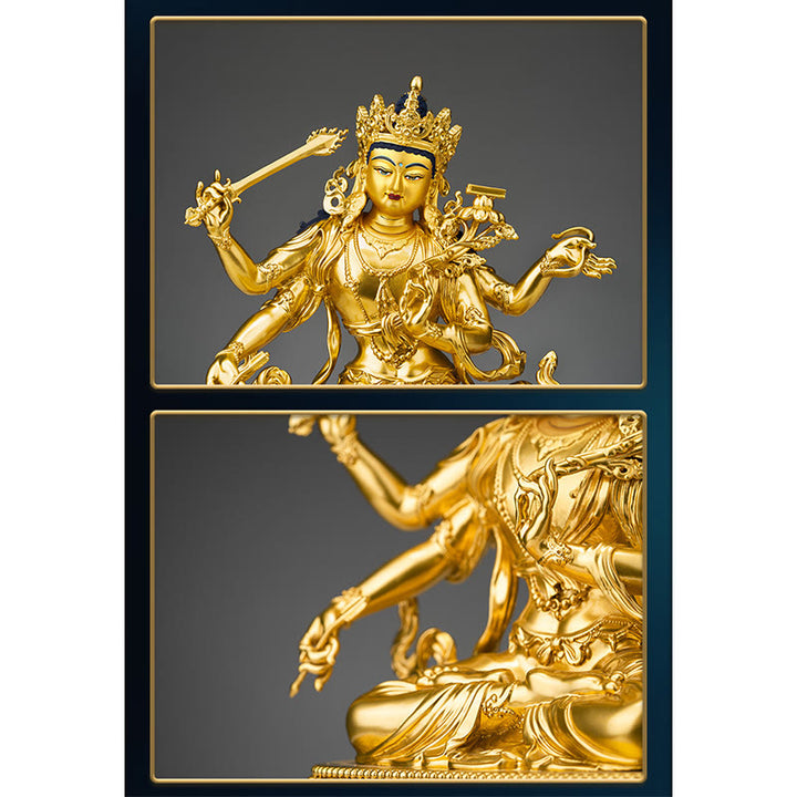 Estatuilla de oro Manjusri Bodhisattva de cuatro brazos, estatua de cobre de serenidad y compasión, decoración del hogar