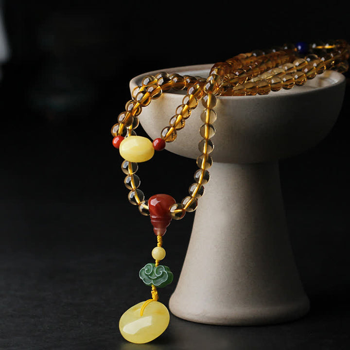 108 cuentas de Mala, citrino Natural, ámbar, hebilla de la paz, ágata roja, pulsera de protección PiXiu