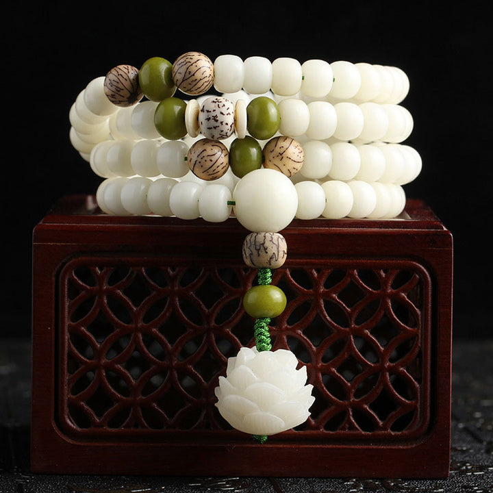 Buddha Stones Jade Blanco Bodhi Lotus Mala Armonía Collar Pulsera