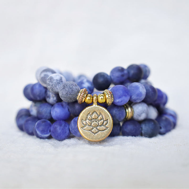 Pulsera con colgante de loto con cuentas de Mala de piedra azul y jaspe Picasso Natural 108 de Buddha Stones