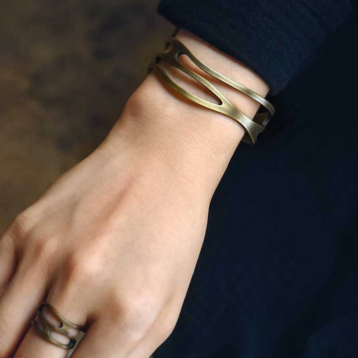 Brazalete ajustable con Buddha Stones , brazalete ajustable de cobre y latón curvado Vintage