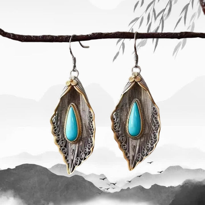 Pendientes colgantes de plata de ley 925 con diseño de hoja de Bodhi turquesa