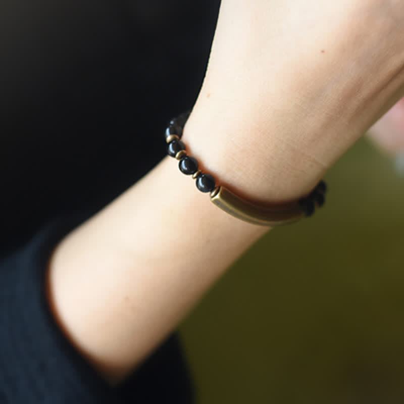 Pulsera de pareja de paz con Buddha Stones, jaspe rojo, ágata de musgo, cristal de obsidiana negra, cobre