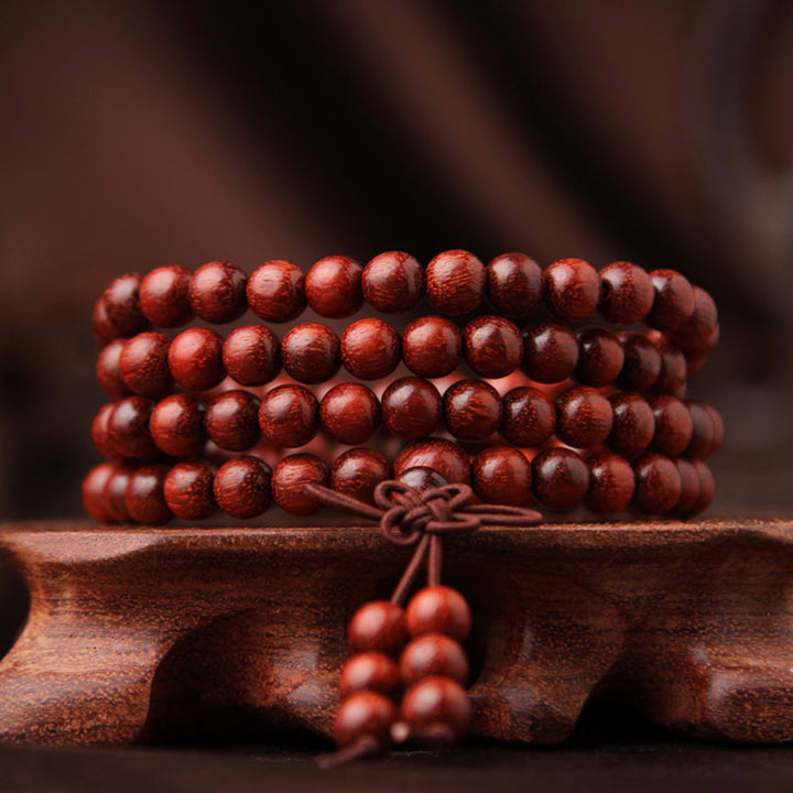 Pulsera de meditación Mala con 108 cuentas de sándalo rojo de hoja pequeña tibetana de Buddha Stones