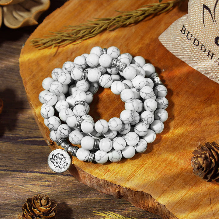 Pulsera curativa de mala de loto turquesa blanca con Buddha Stones