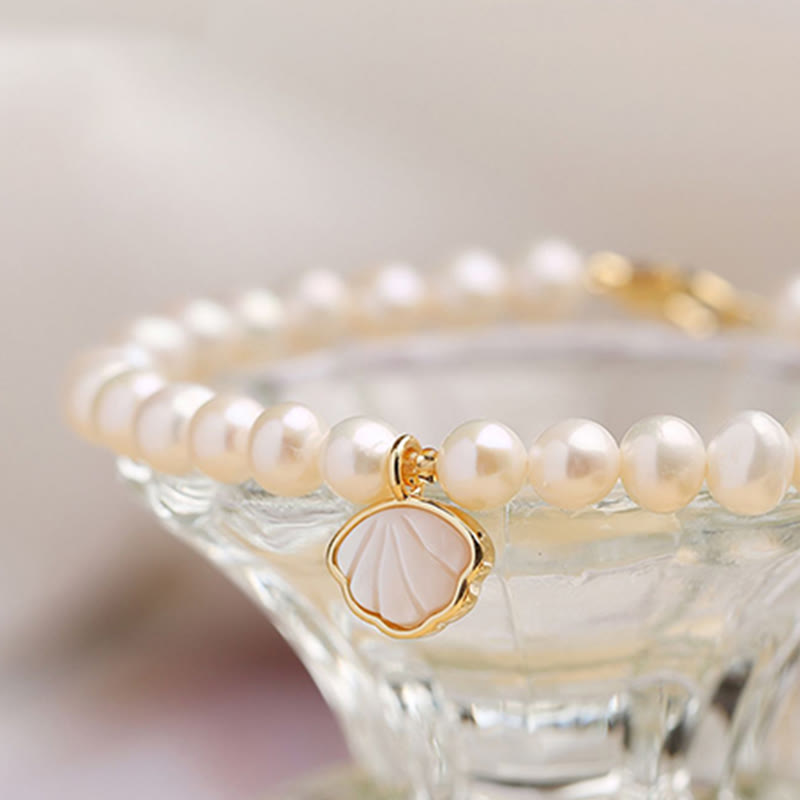 Pulsera de cuentas con dije de concha de cristal y perlas naturales chapadas en oro de 14 quilates con Buddha Stones