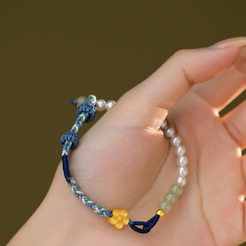 Pulsera de la suerte trenzada con perlas de flor de melocotón y jade hetiano de plata de ley 925 con Buddha Stones