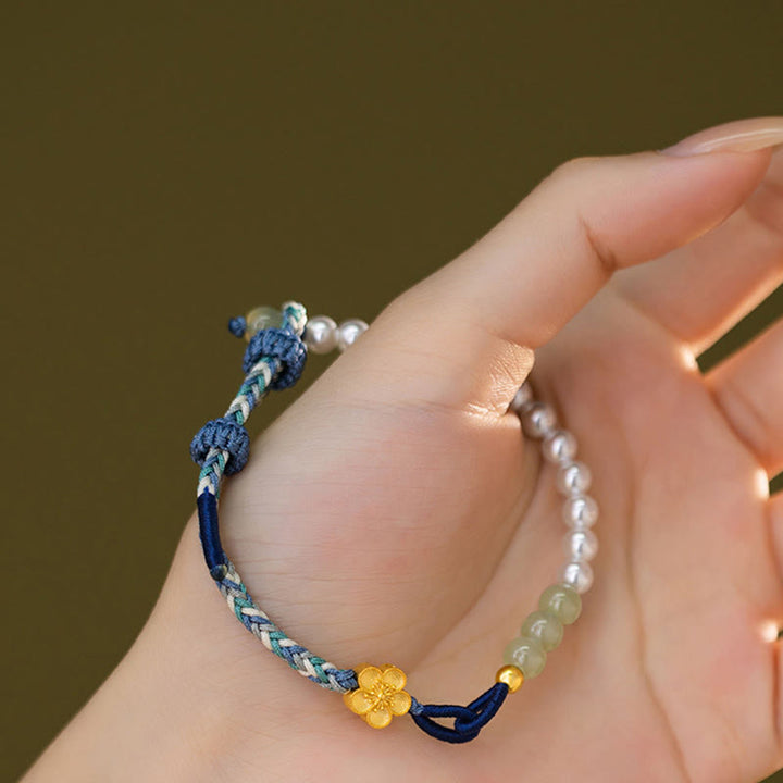 Pulsera de la suerte trenzada con perlas de flor de melocotón y jade hetiano de plata de ley 925 con Buddha Stones