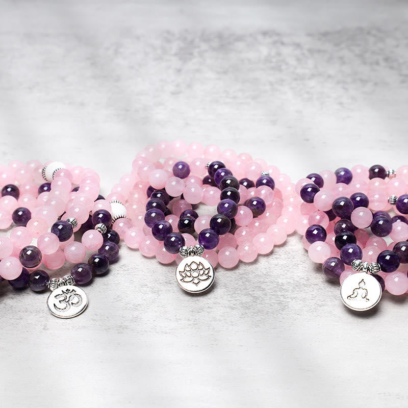 Pulsera con colgante de loto con cuentas Mala de cuarzo rosa natural y amatista con Buddha Stones