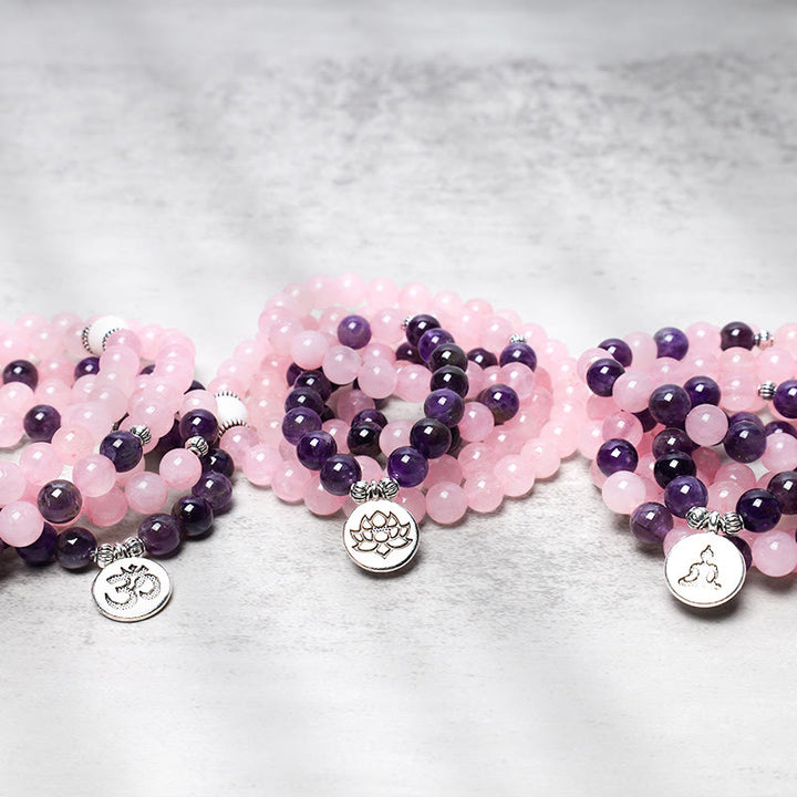 Pulsera con colgante de loto con cuentas Mala de cuarzo rosa natural y amatista con Buddha Stones
