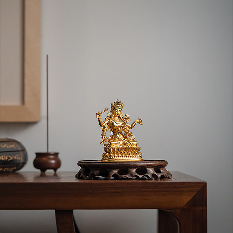 Estatuilla de oro Manjusri Bodhisattva de cuatro brazos, estatua de cobre de serenidad y compasión, decoración del hogar