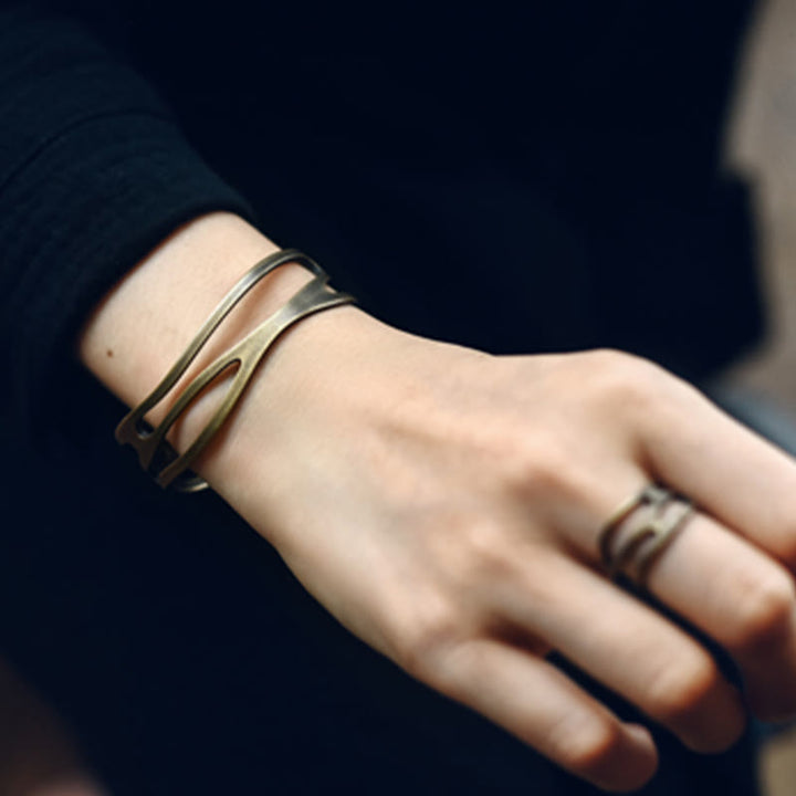 Brazalete ajustable con Buddha Stones , brazalete ajustable de cobre y latón curvado Vintage