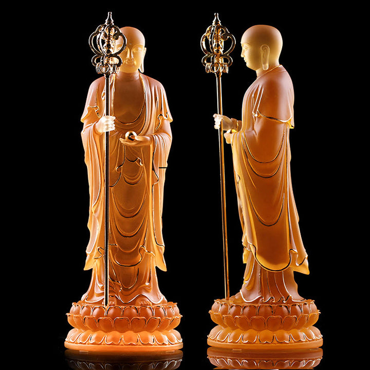 Buddha Stones hechas a mano, estatuilla de Bodhisattva Ksitigarbha, pieza de arte de cristal Liuli, estatua de serenidad, decoración del hogar