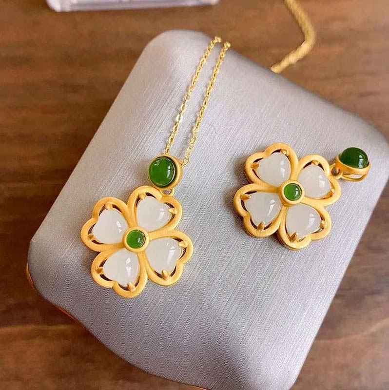 Buddha Stones de plata de ley 925, colgante de cadena con trébol de cuatro hojas de la suerte, Jade, prosperidad