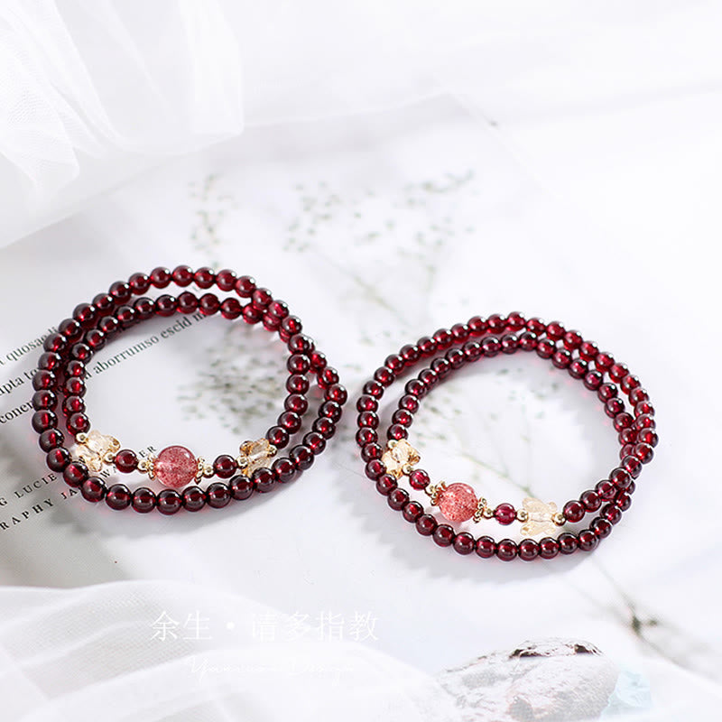 Pulsera de doble vuelta con protección de mariposa, cuarzo fresa, granate natural, chapada en oro de 14 quilates con Buddha Stones