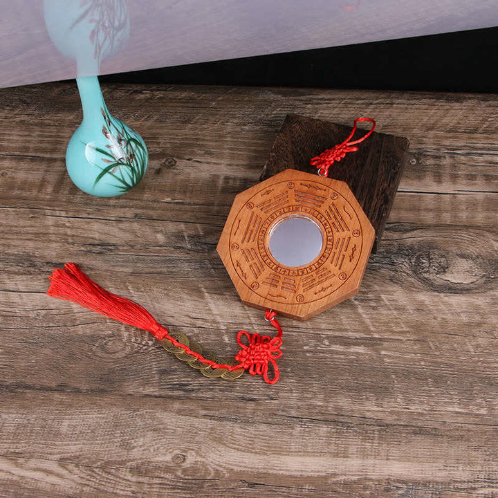 Feng Shui Bagua Mapa Madera de Durazno Monedas de Cinco Emperadores Equilibrio de Nudos Chinos Espejo de Mapa de Energía