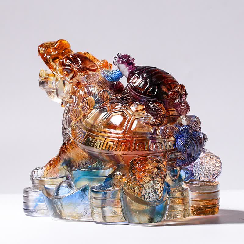 Feng Shui Dragon Turtles hecho a mano Liuli Crystal Art Piece Protección Decoración de la Oficina del Hogar
