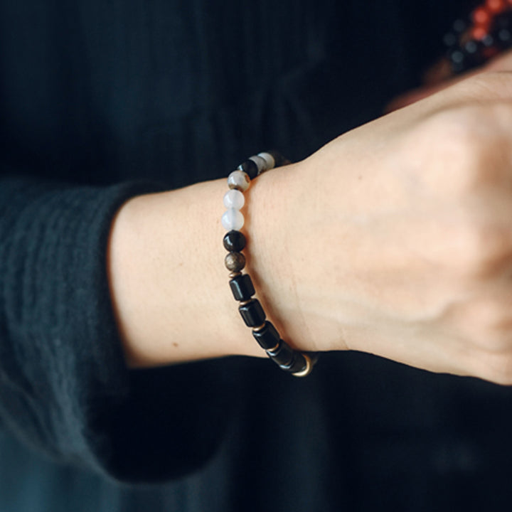 Pulsera de pareja de paz con Buddha Stones, madera de ébano, jaspe rojo, ágata de musgo, cristal, cobre