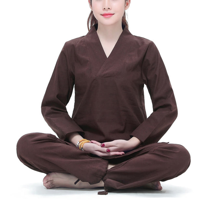 Conjunto de ropa de lino y algodón para mujer, uniforme con diseño de Buddha Stones, práctica Zen, Yoga, meditación, oración, cuello en V - Marrón - US6,UK/AU10,EU38 (2XL) - image 10