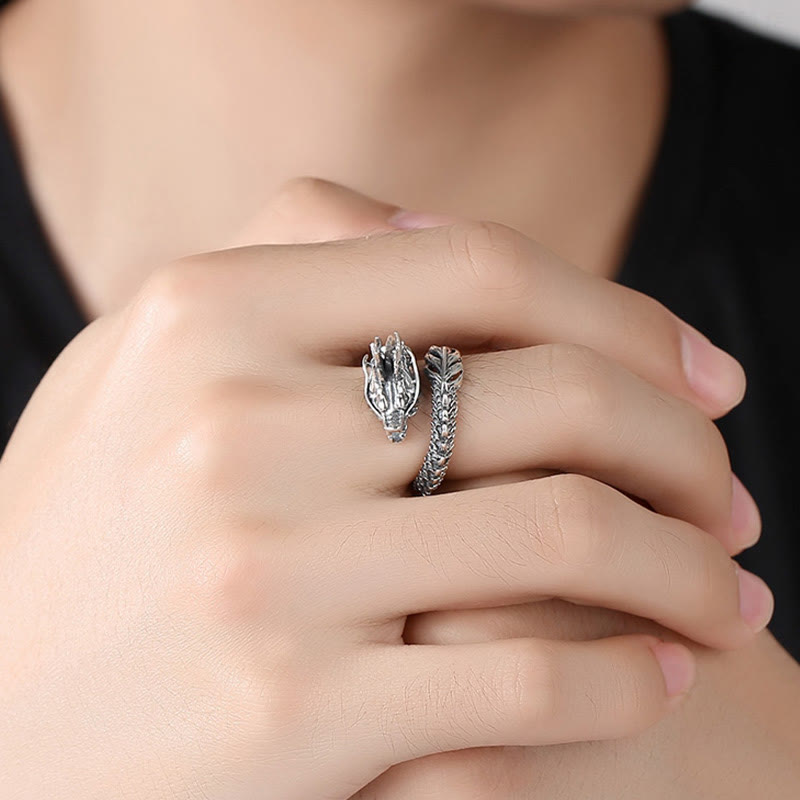 Anillo ajustable de plata de ley 925 con Buddha Stones , diseño vintage de dragón, protección del éxito, fuerza