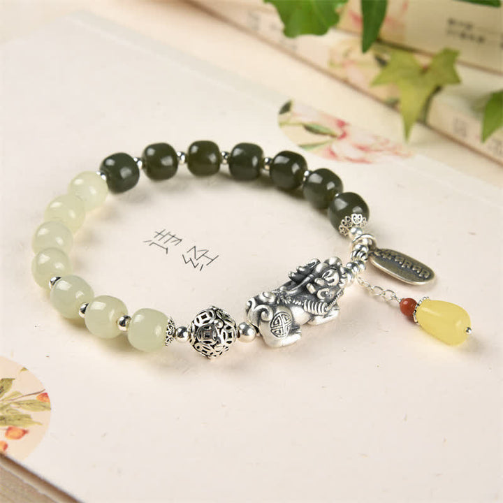 Pulsera de la suerte PiXiu de ámbar y jade hetiano natural de plata de ley 925