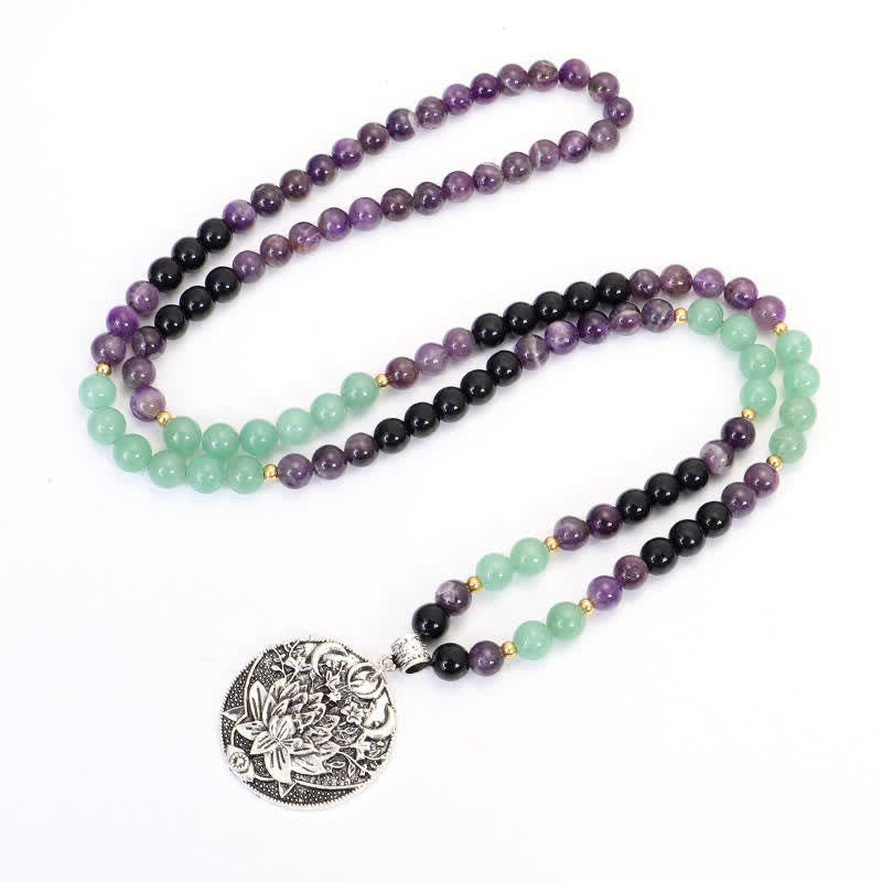 Pulsera de meditación con Buddha Stones , 108 cuentas Mala, amatista, aventurina verde, loto