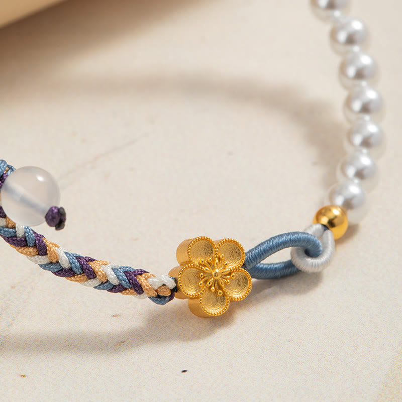 Pulsera de cuerda curativa de calcedonia con perlas de flor de melocotón de plata de ley 925 con Buddha Stones