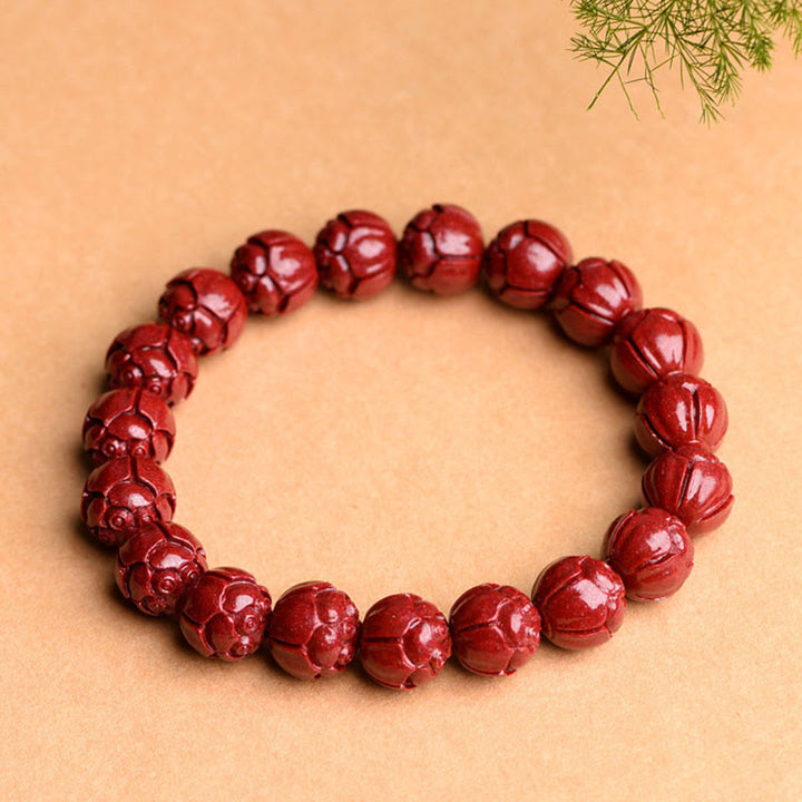 Pulsera de bendición de loto con patrón de traste Om Mani Padme Hum de cinabrio Natural con Buddha Stones