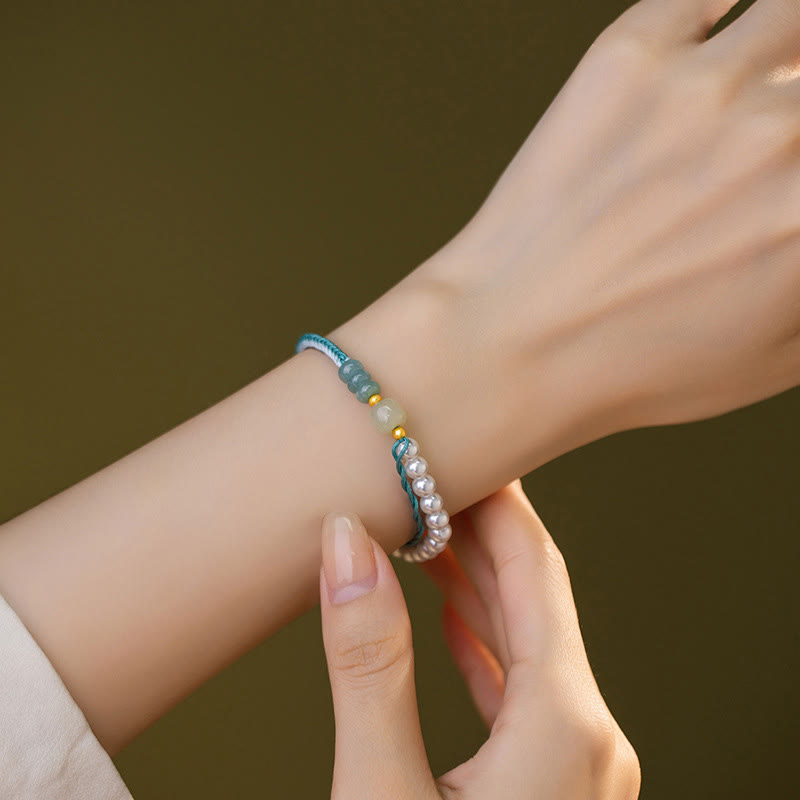 Pulsera de abundancia de perlas de cuerda trenzada de jade hetiano de plata de ley 925 con Buddha Stones